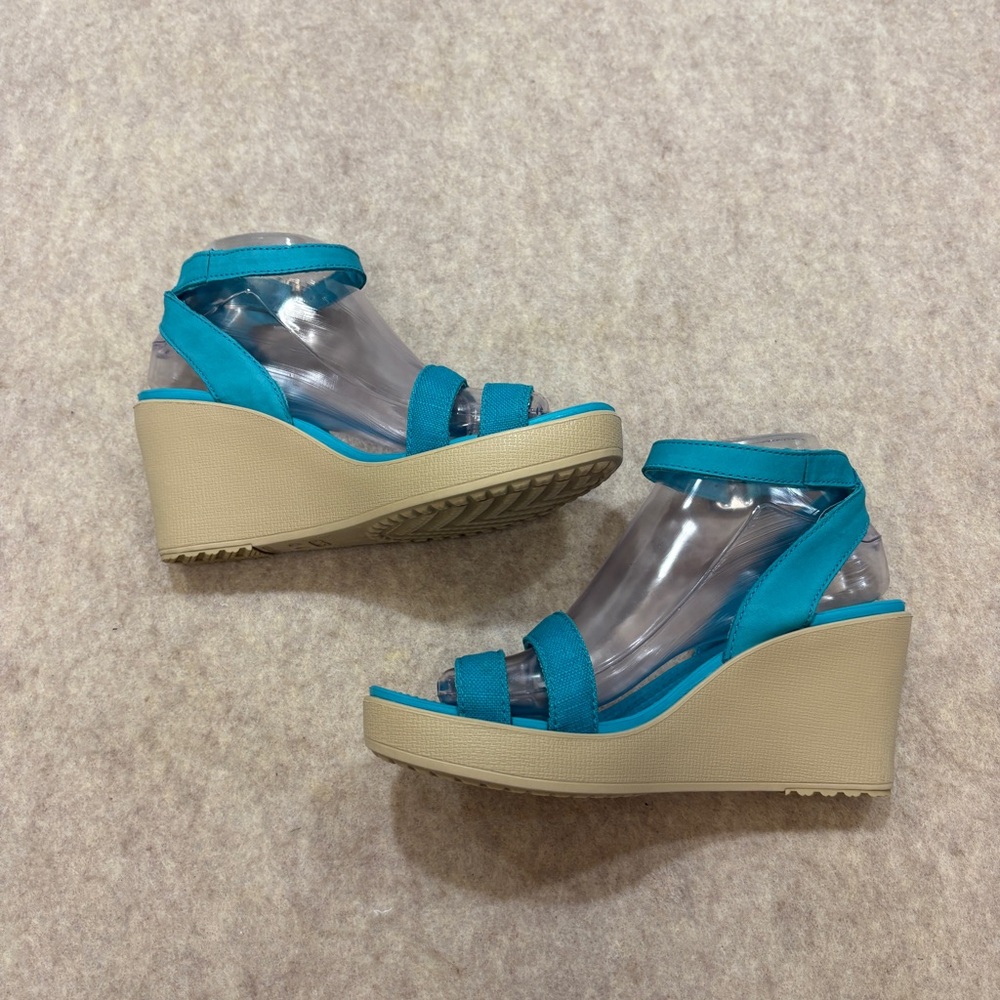 CROCS Leigh II Double Strap Wedge Comfort Sandal Teal Turquoise Womens size 8 - Picture 4 of 14